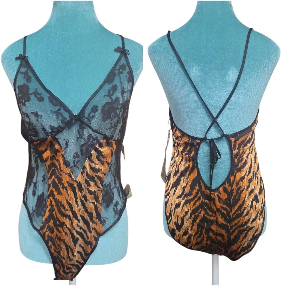 NEW! Vintage Delicates Black & Orange Tiger Stripe Lace Bodysuit Medium
